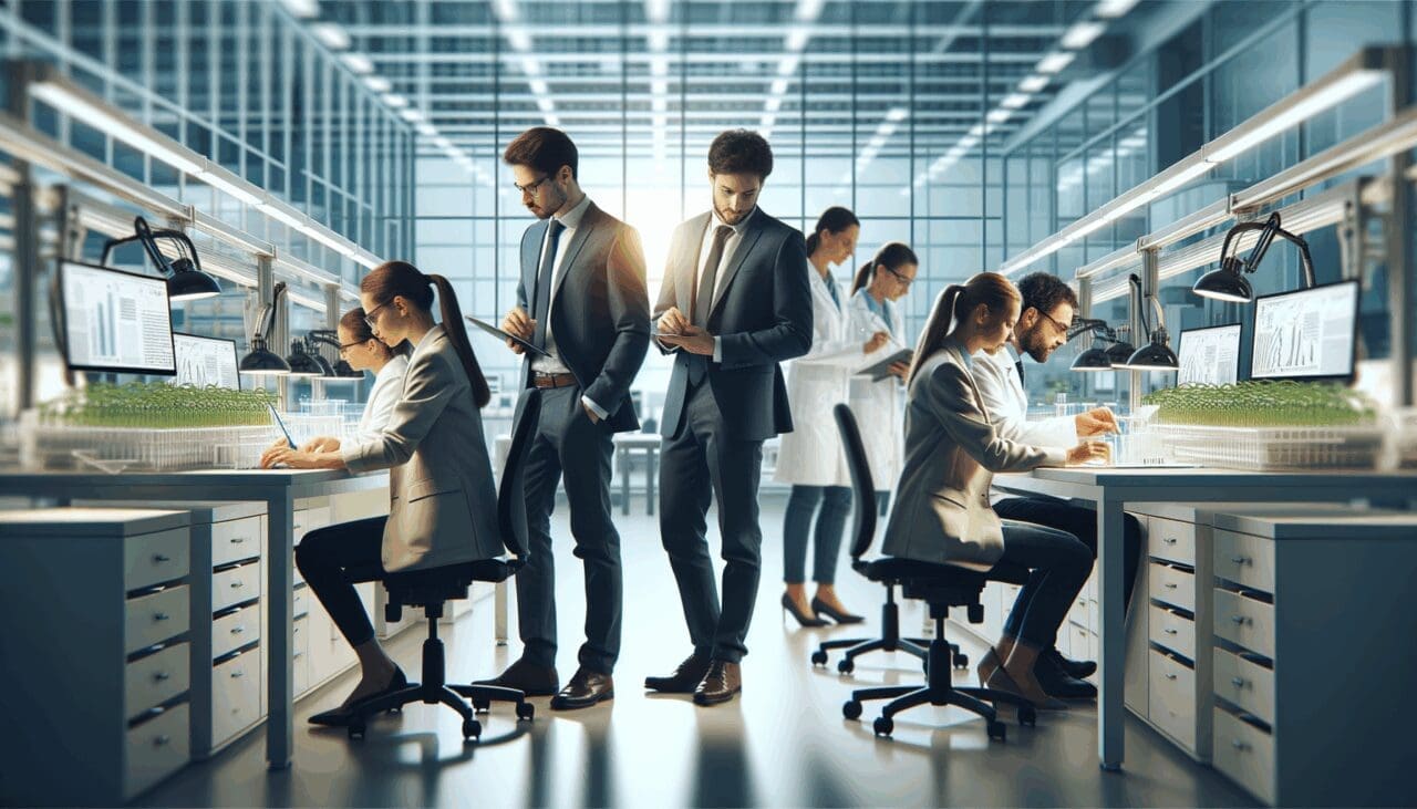 Equipo de emprendedores trabajando en un laboratorio de biotecnología agrícola moderno