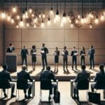 Emprendedores presentando ideas frente a un jurado en un auditorio moderno