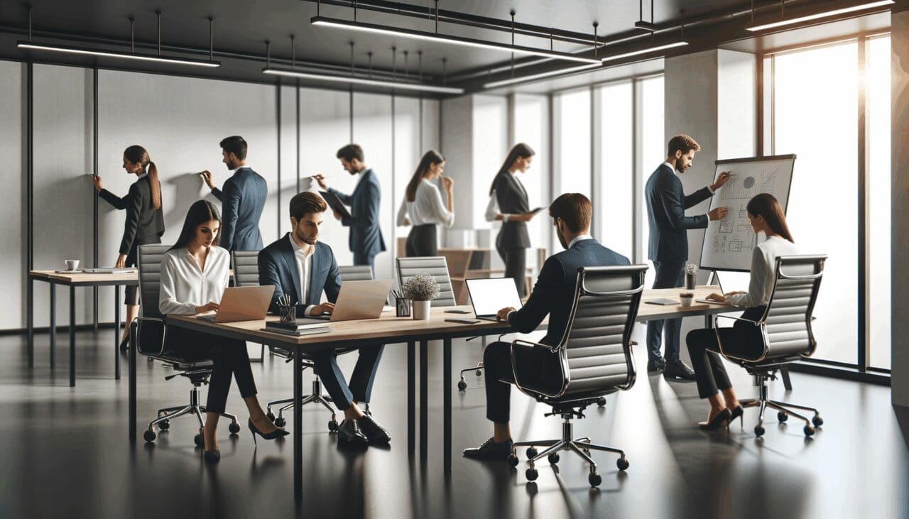 Equipo de emprendedores trabajando en una oficina moderna con laptops y pizarras