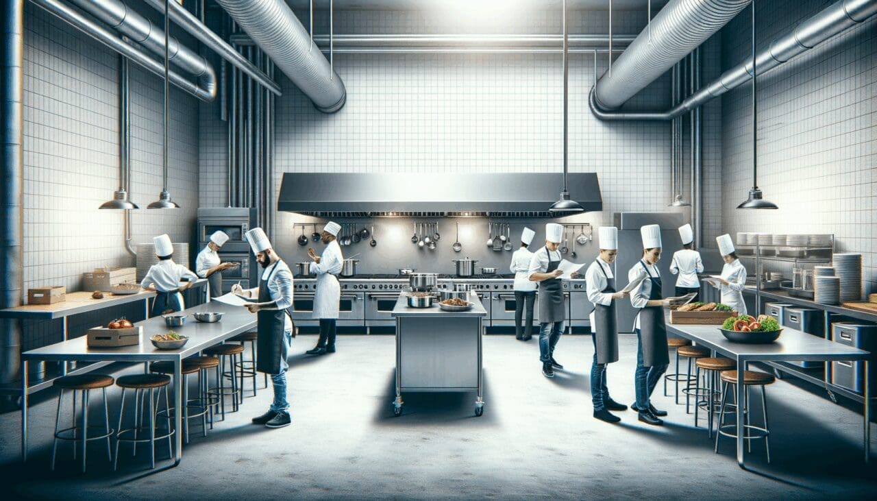 Cocina industrial moderna con chefs preparando comida.
