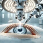 Primer plano de un brazo robótico realizando una cirugía ocular en un entorno clínico moderno