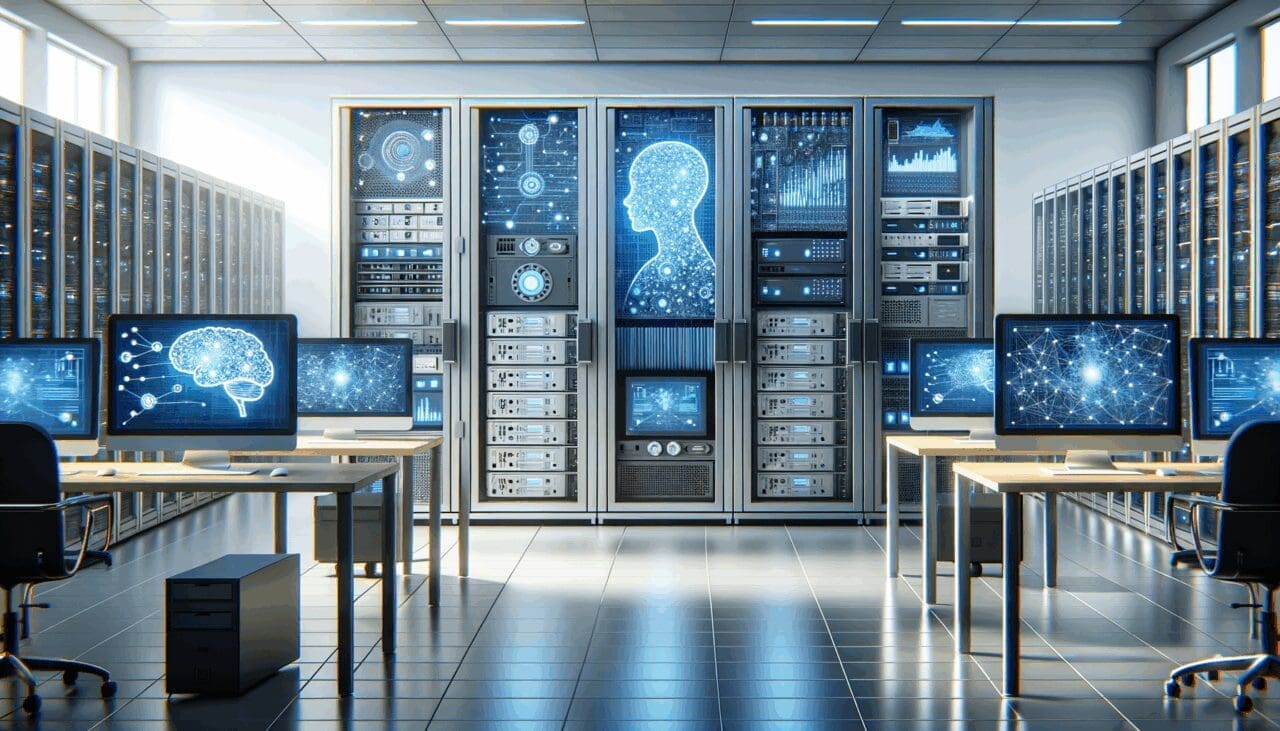 Laboratorio tecnológico con servidores y pantallas mostrando algoritmos de inteligencia artificial