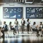 Emprendedores conversando en un espacio de coworking con pantallas mostrando gráficos de tecnología