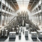 Interior de una planta tecnológica industrial con maquinaria moderna y ambiente limpio