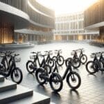 Bicicletas eléctricas alineadas en un campus urbano moderno