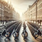 Filas de bicicletas eléctricas alineadas en una ciudad europea con ciclistas usando tecnología moderna