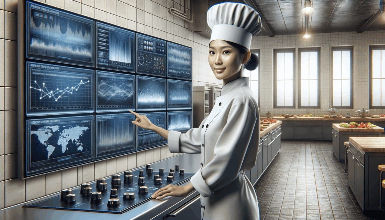 Chef operando una cocina moderna junto a pantallas con gráficos de datos en tiempo real