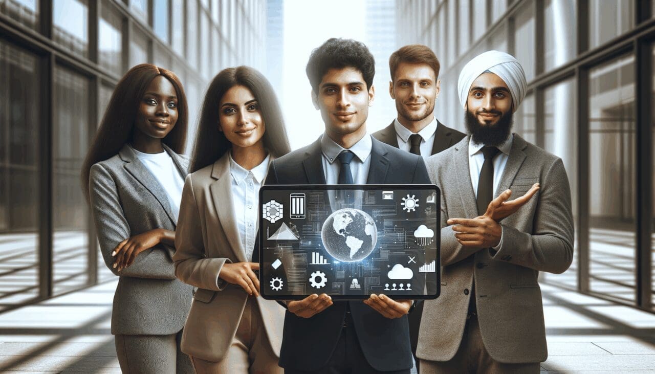 Grupo de emprendedores presentando soluciones tecnológicas en un entorno urbano moderno