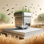 Colmena robótica futurista en un entorno natural con abejas volando alrededor