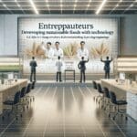 Interior de un laboratorio moderno con emprendedores desarrollando alimentos sostenibles con tecnología