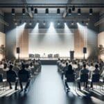 Escenario de evento de startups con iluminación profesional y público observando presentaciones