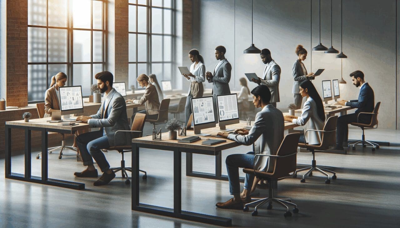 Espacio de coworking moderno con emprendedores trabajando frente a pantallas de datos