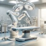 Robot quirúrgico operando en un entorno clínico moderno y estéril