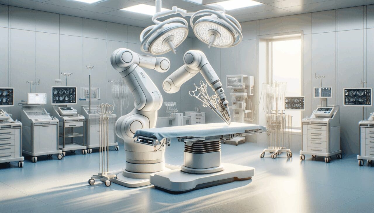 Robot quirúrgico operando en un entorno clínico moderno y estéril