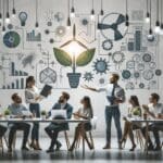 Emprendedores presentando soluciones tecnológicas en un entorno de innovación sostenible