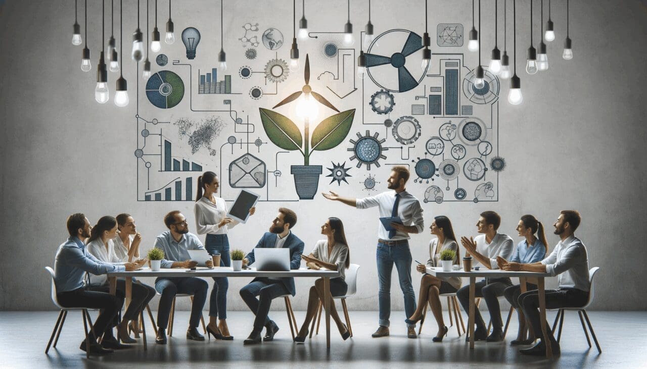 Emprendedores presentando soluciones tecnológicas en un entorno de innovación sostenible