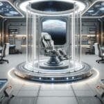 Laboratorio espacial con tecnología futurista y prototipos de calzado en ambientes de gravedad cero