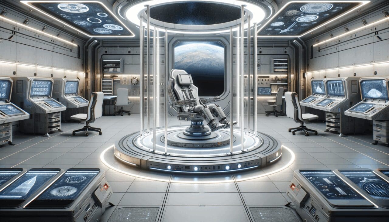 Laboratorio espacial con tecnología futurista y prototipos de calzado en ambientes de gravedad cero