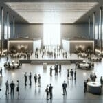 Vista panorámica de un centro de convenciones moderno con emprendedores interactuando en espacios de networking