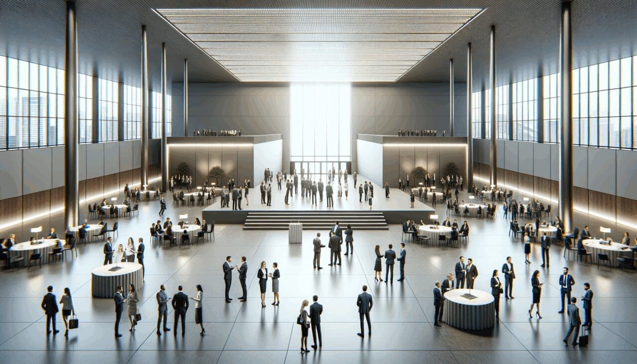 Vista panorámica de un centro de convenciones moderno con emprendedores interactuando en espacios de networking