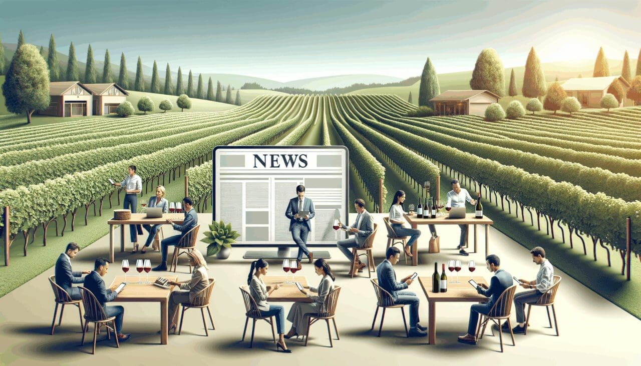 Degustación de vinos al aire libre con vista a viñedos y personas interactuando con dispositivos tecnológicos