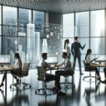 Oficinas modernas con equipos de trabajo colaborando en soluciones tecnológicas.