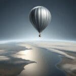Globo estratosférico sobrevolando la Tierra en un cielo despejado, visto desde abajo
