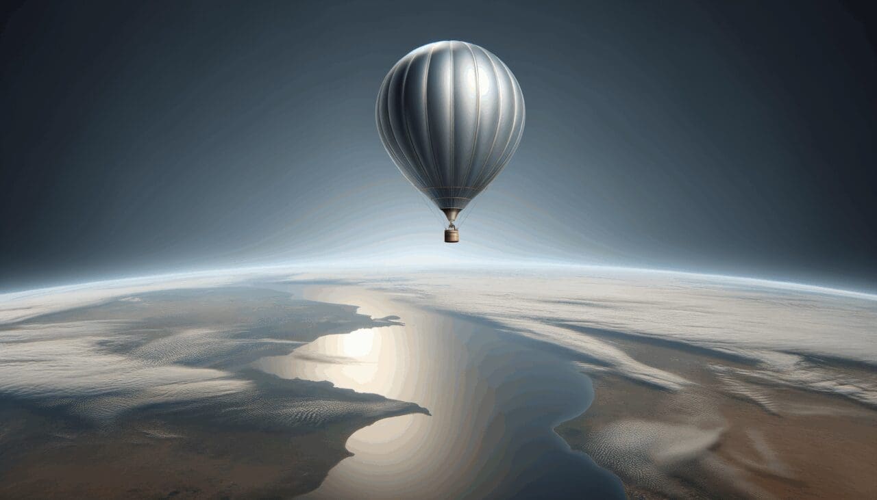 Globo estratosférico sobrevolando la Tierra en un cielo despejado, visto desde abajo