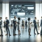 Personas conversando en un evento corporativo moderno con pantallas digitales de fondo