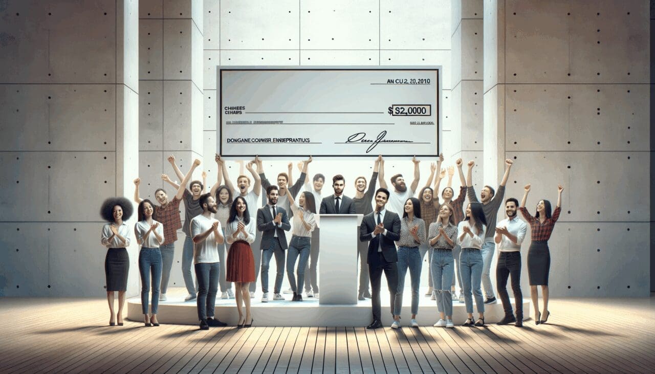 Equipo emprendedor celebrando con un cheque gigante dentro de un auditorio moderno