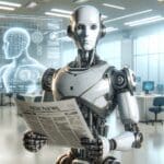 Render digital de un robot humanoide futurista en un entorno de laboratorio tecnológico