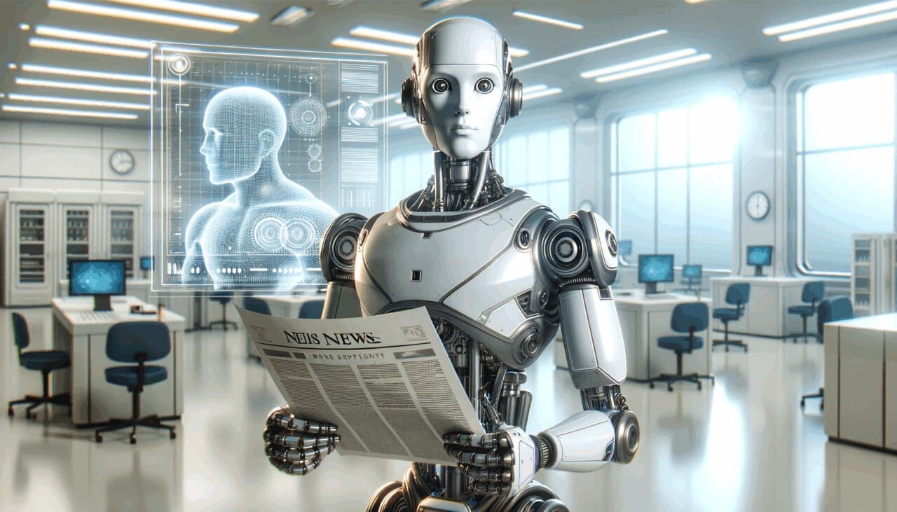 Render digital de un robot humanoide futurista en un entorno de laboratorio tecnológico