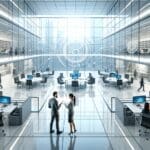 Ilustración de dos oficinas modernas conectándose digitalmente en un entorno tecnológico