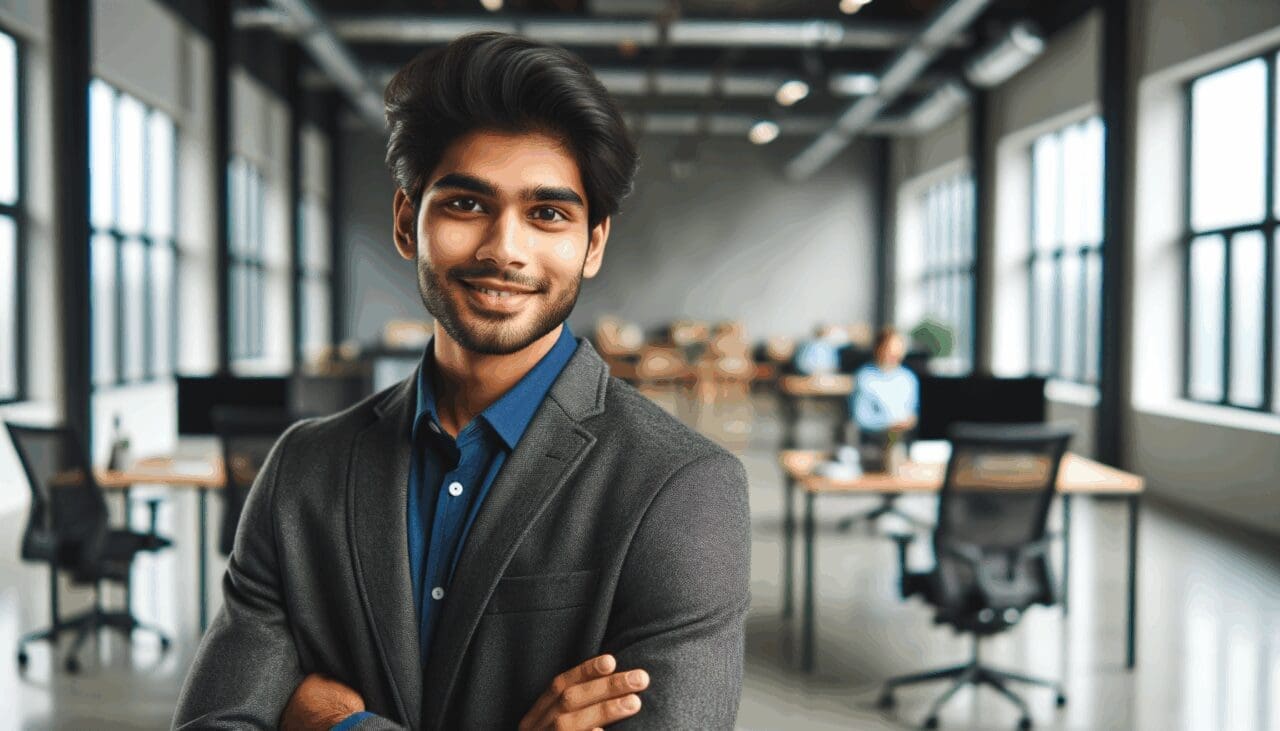 Retrato de un joven profesional en un entorno moderno de oficina tecnológica