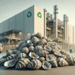 Montón de conchas de ostra frente a una planta de reciclaje moderna