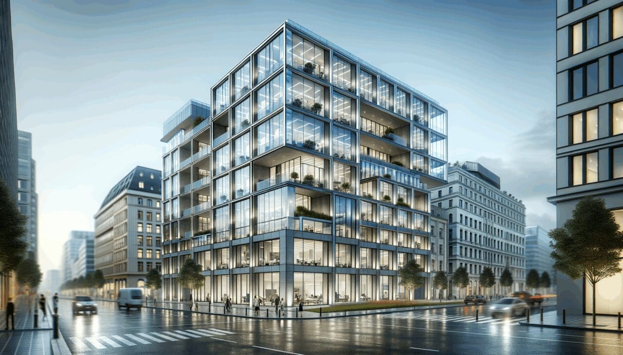 Edificio moderno con oficinas tecnológicas en un entorno urbano europeo