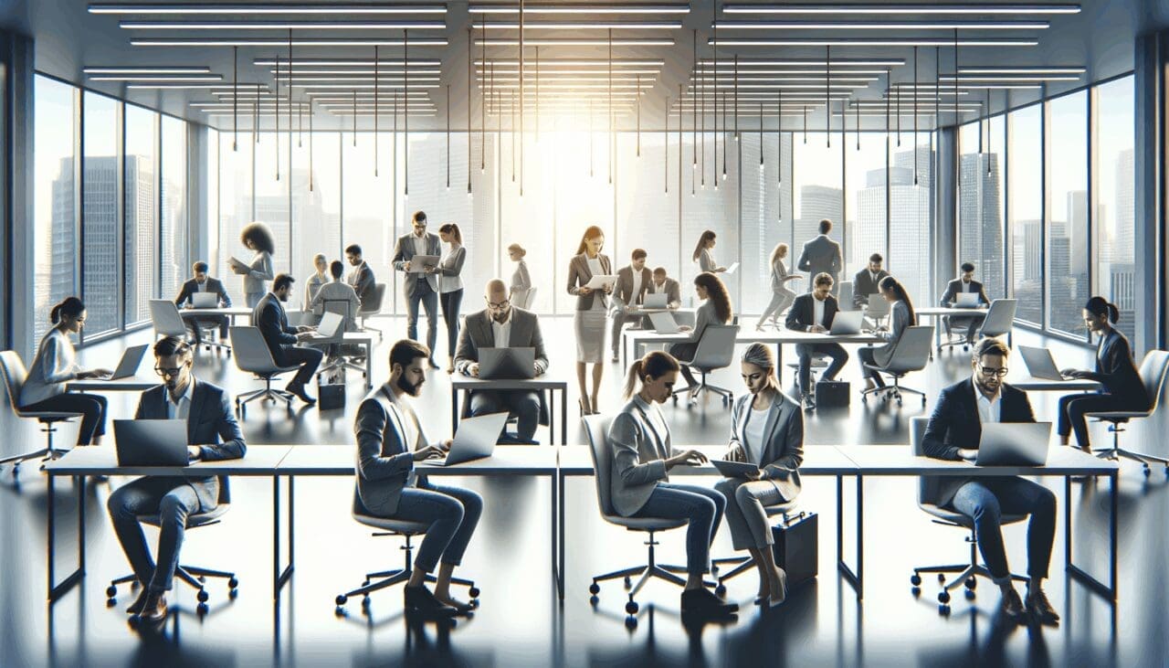Oficinas modernas de una startup con emprendedores trabajando en laptops