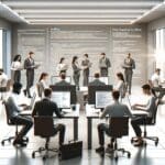 Oficina tecnológica con programadores trabajando en laptops en un entorno colaborativo