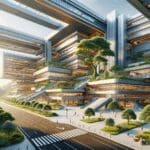 Centro de investigación tecnológico rodeado de naturaleza con infraestructura moderna