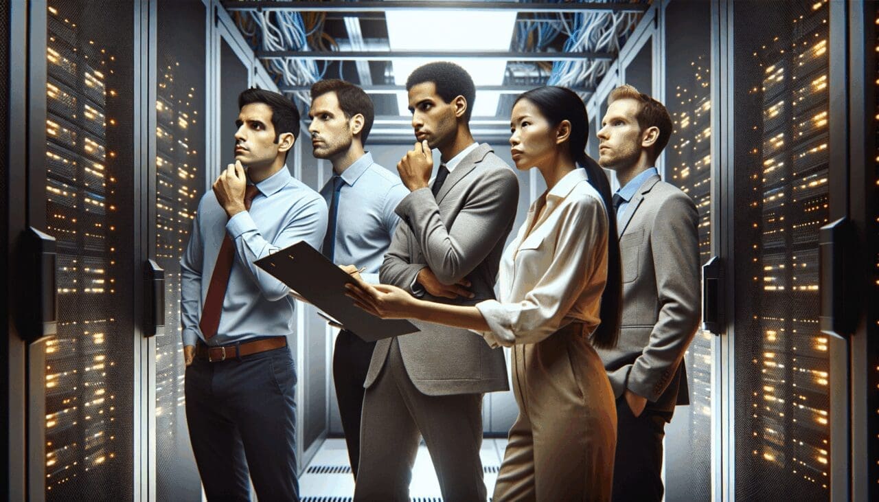 Equipo de ingenieros revisando paneles de ciberseguridad en una sala de servidores moderna