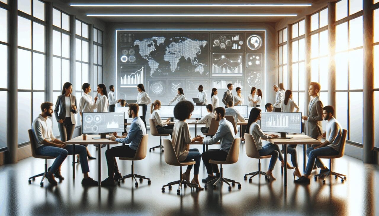 Oficina moderna con personas colaborando, rodeadas de pantallas con gráficos e interfaces de inteligencia artificial.