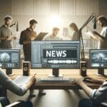 Equipo de desarrolladores y creativos trabajando en un estudio moderno con pantallas y equipos de audio