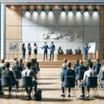 Grupo de emprendedores presentando ideas frente a un jurado en un auditorio moderno