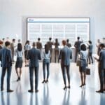 Personas interactuando con pantallas digitales en un evento tecnológico