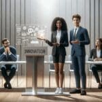 Dos jóvenes emprendedores presentando una solución tecnológica frente a un panel en un foro de innovación