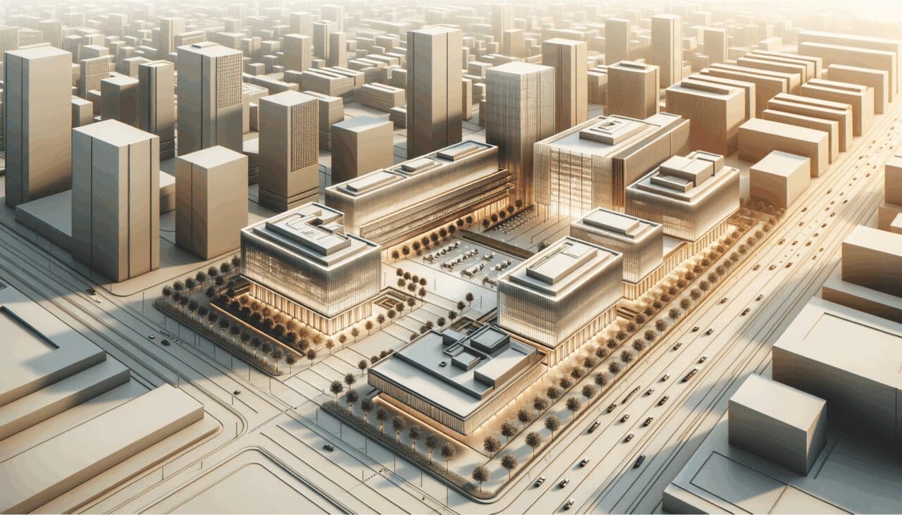 Vista aérea de un campus tecnológico con edificios modernos