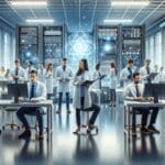 Laboratorio tecnológico con un equipo desarrollando hardware cuántico