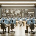 Sala moderna con programadores trabajando frente a pantallas y gráficos de inteligencia artificial