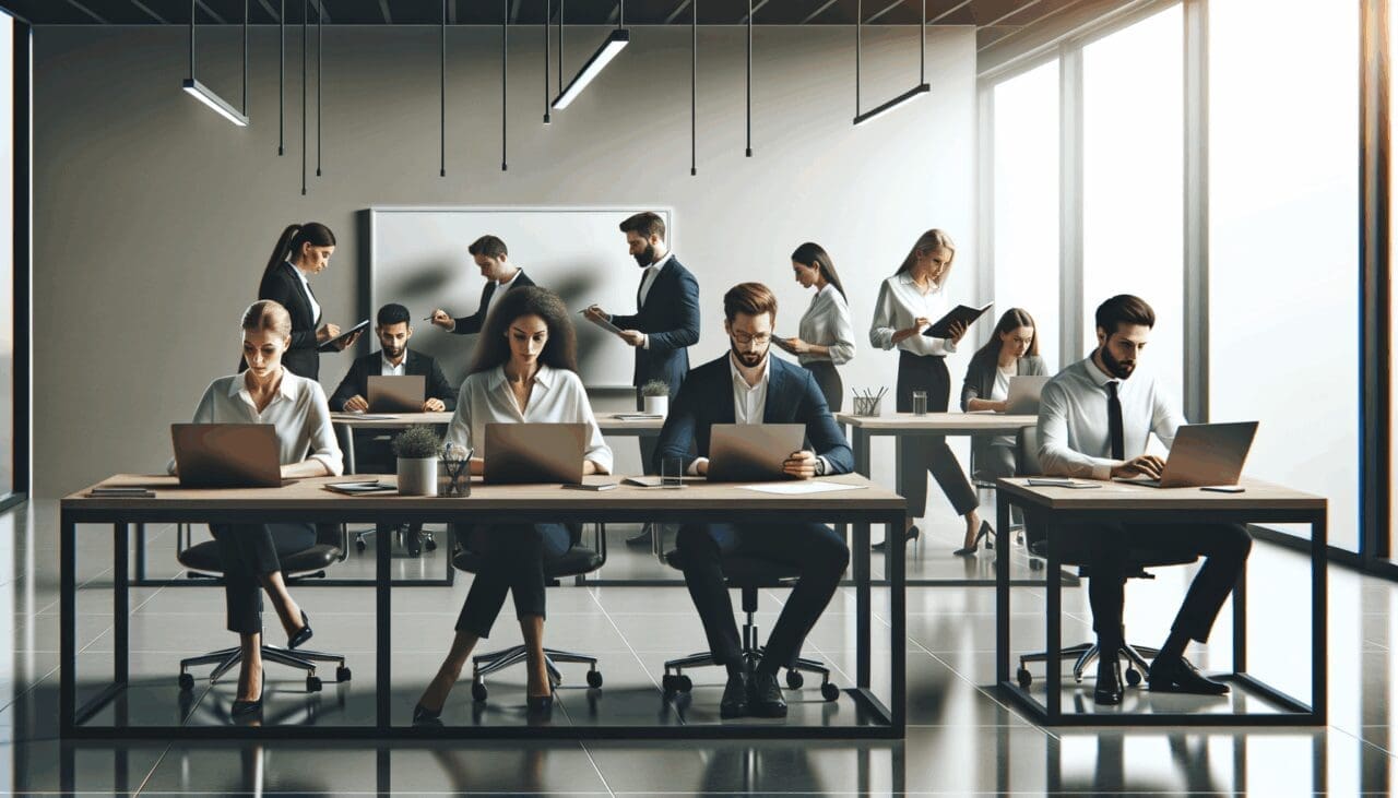 Equipo de emprendedores trabajando en una oficina moderna con laptops y pizarras blancas