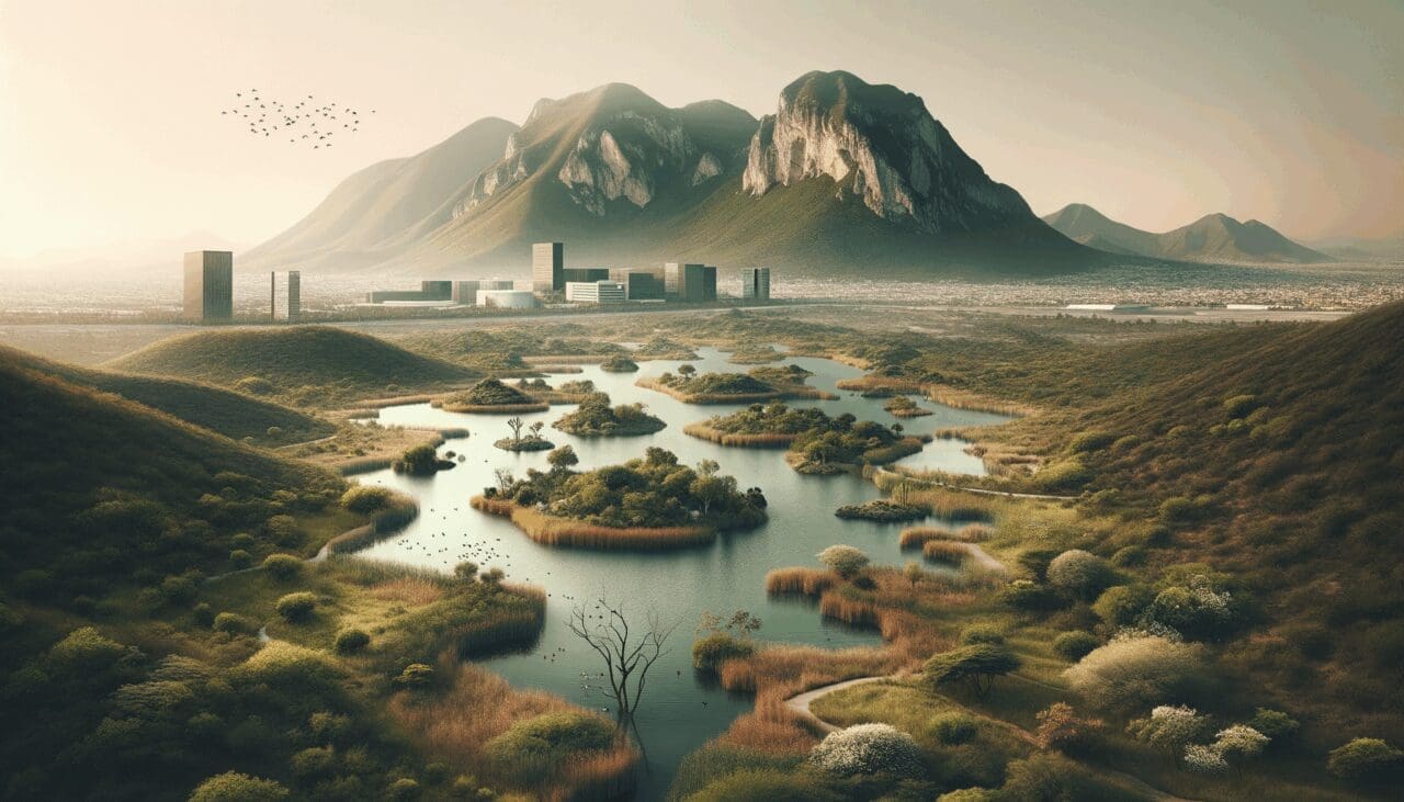 Zona natural en Querétaro con cuerpos de agua y vegetación restaurada